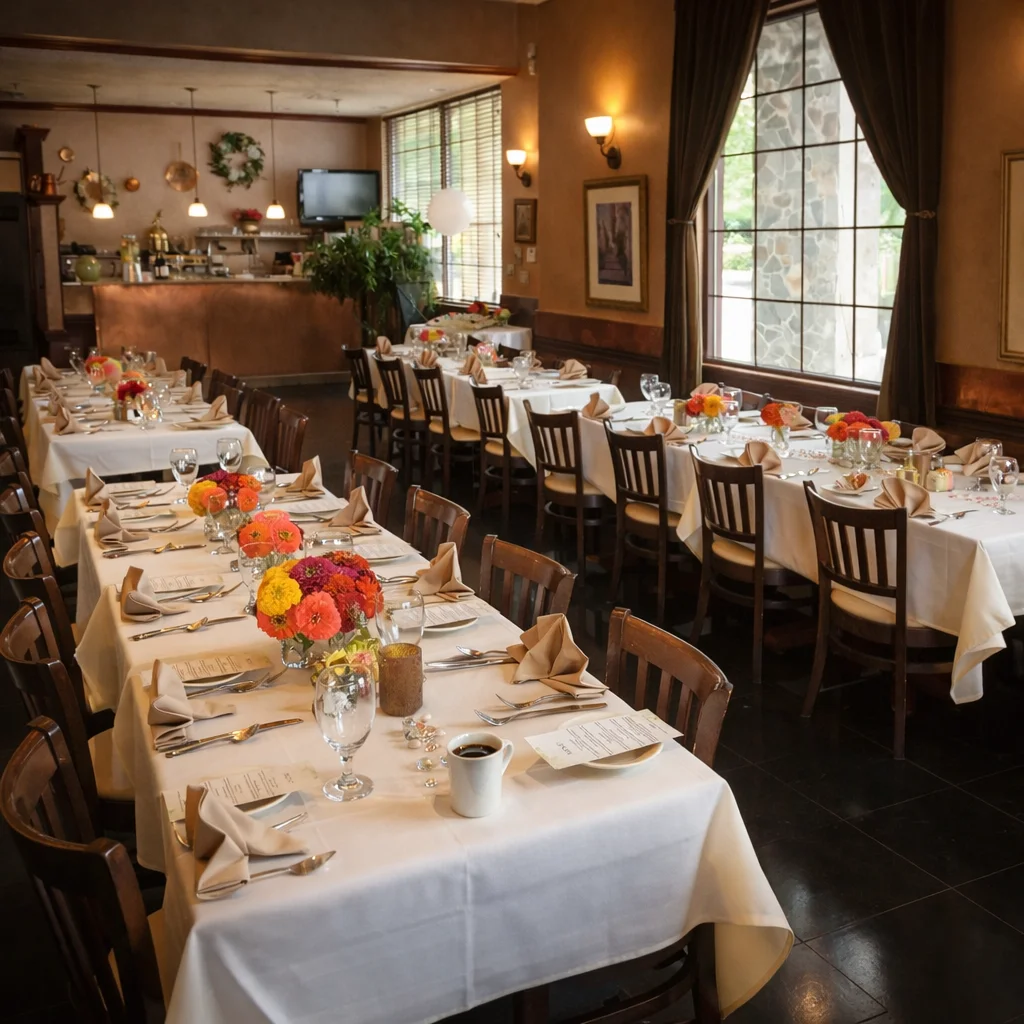 Private dining room with round table set for guests