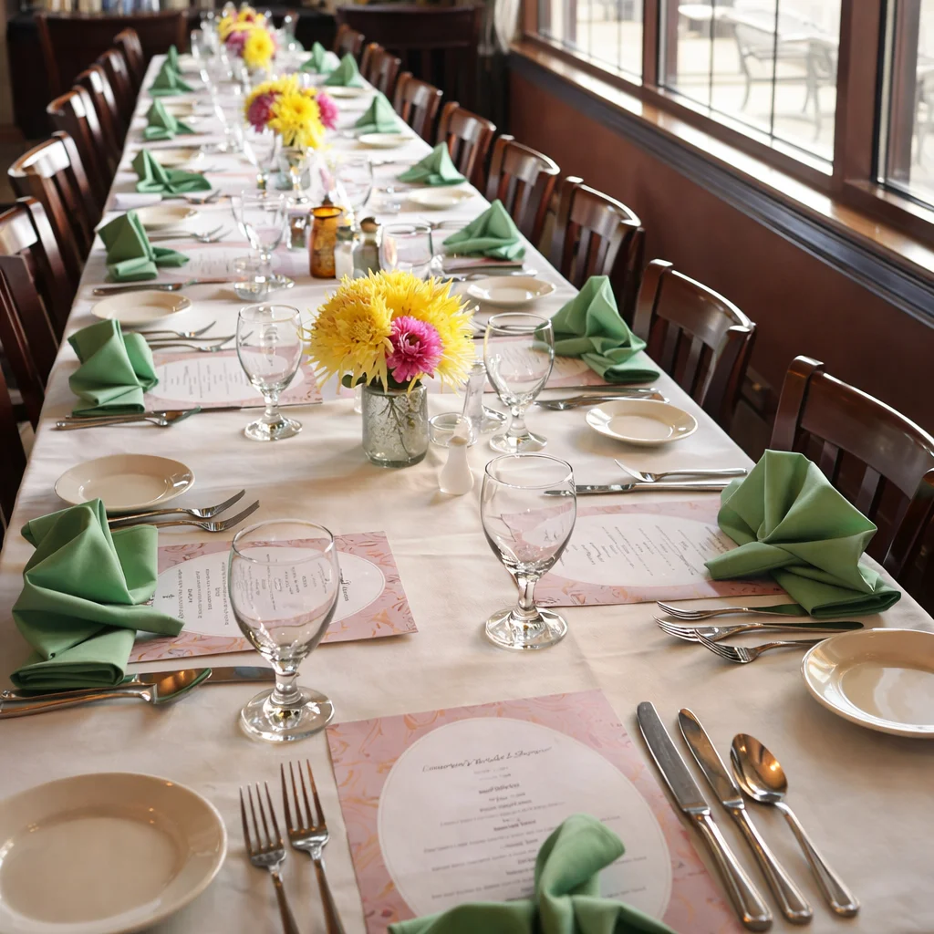 Elegant dining setup with chandeliers and candlelight