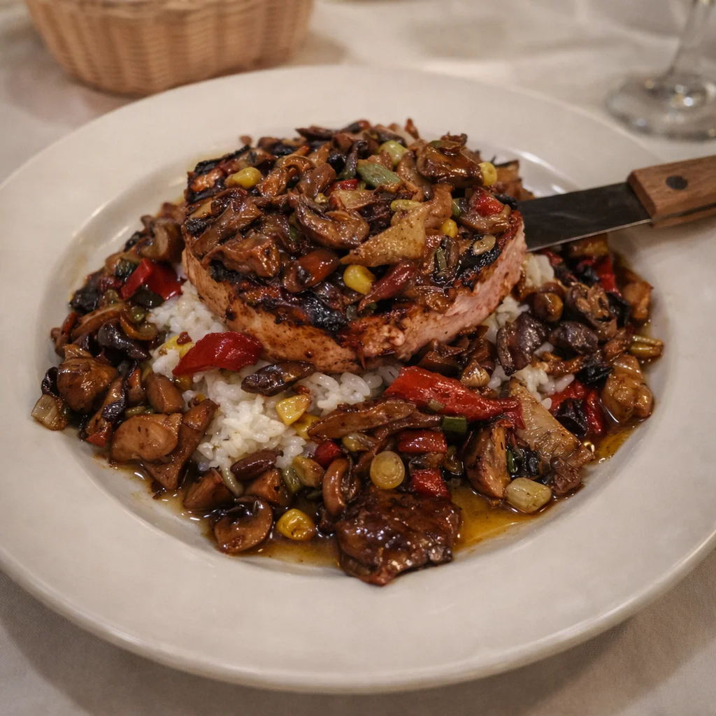 Plated entrée with sauce and garnish