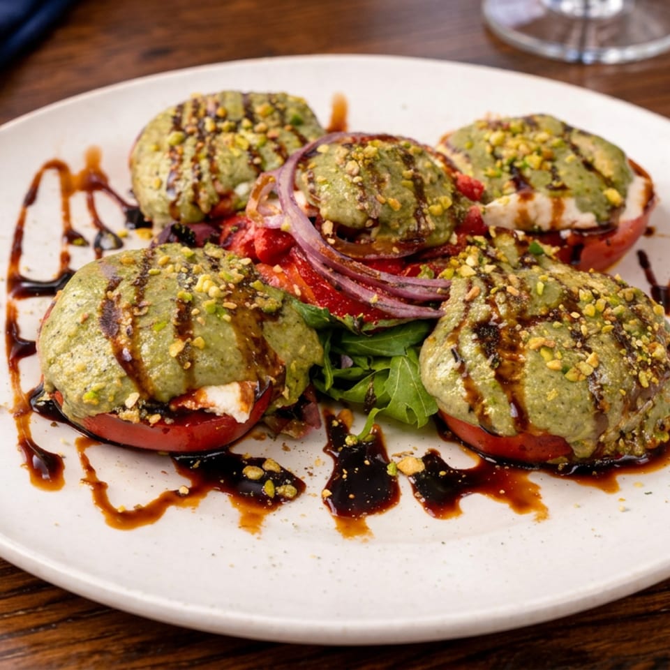 Plate of green-topped tomato and mozzarella stacks with arugula, red onion, pistachios, and balsamic glaze on a wooden table.