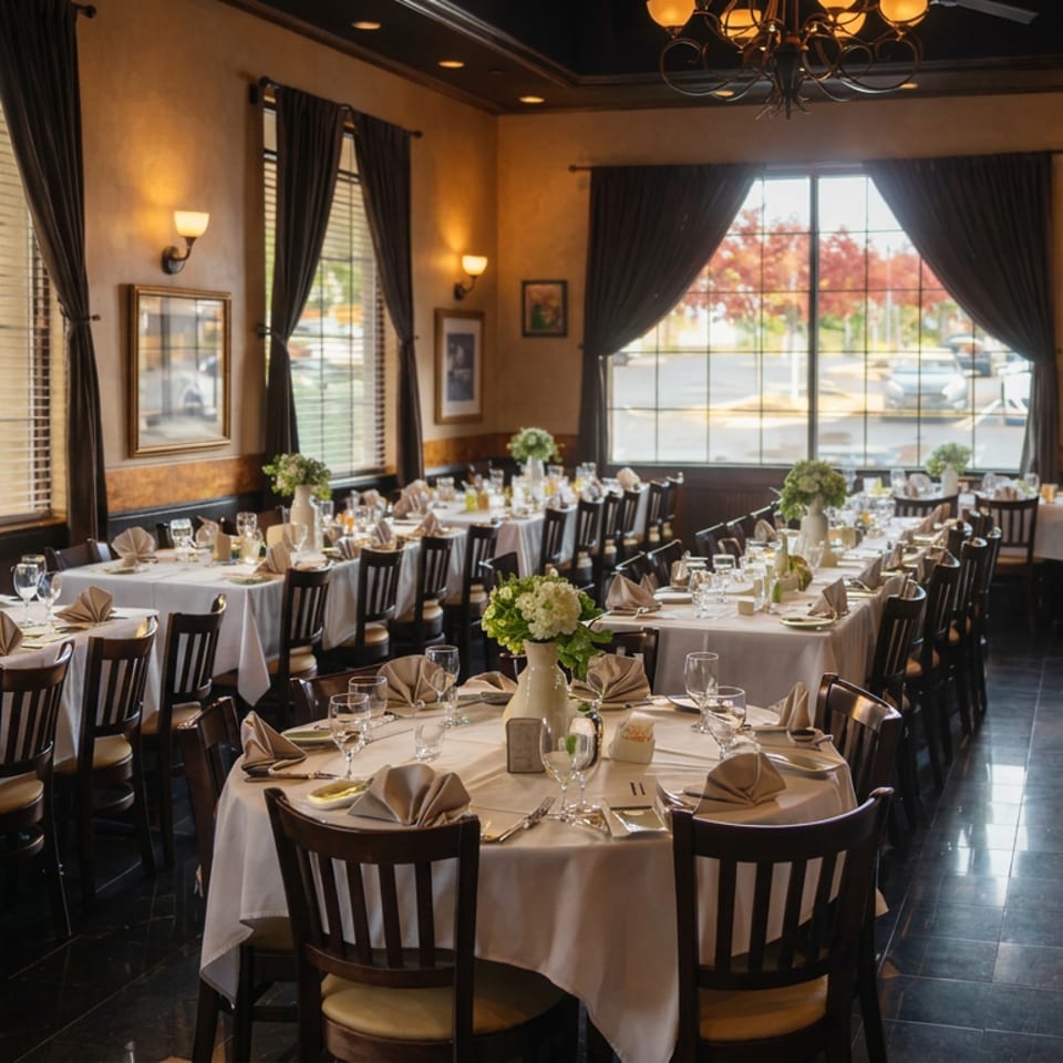 Elegant restaurant dining room with white tablecloths, folded napkins, floral centerpieces, chandeliers, and large curtained windows.