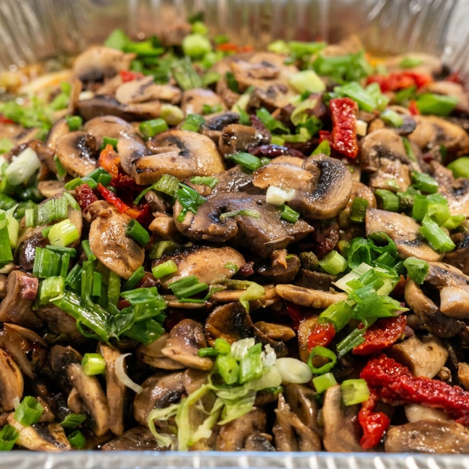 Sautéed mushrooms garnished with chopped green onions and sun-dried tomatoes in a foil serving tray.