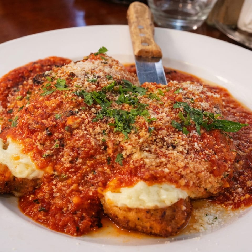 Breaded chicken Parmesan topped with marinara, melted cheese, grated cheese, and parsley on a white plate.