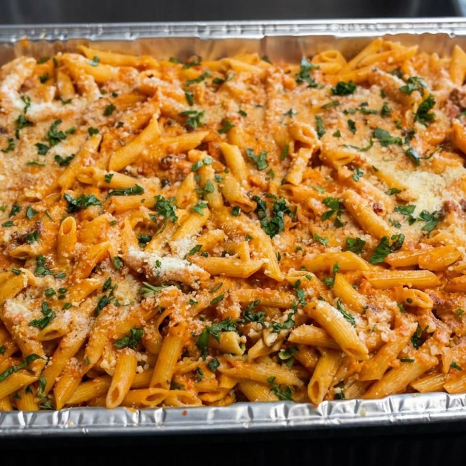 Aluminum catering tray filled with creamy penne pasta, grated cheese, and chopped parsley.