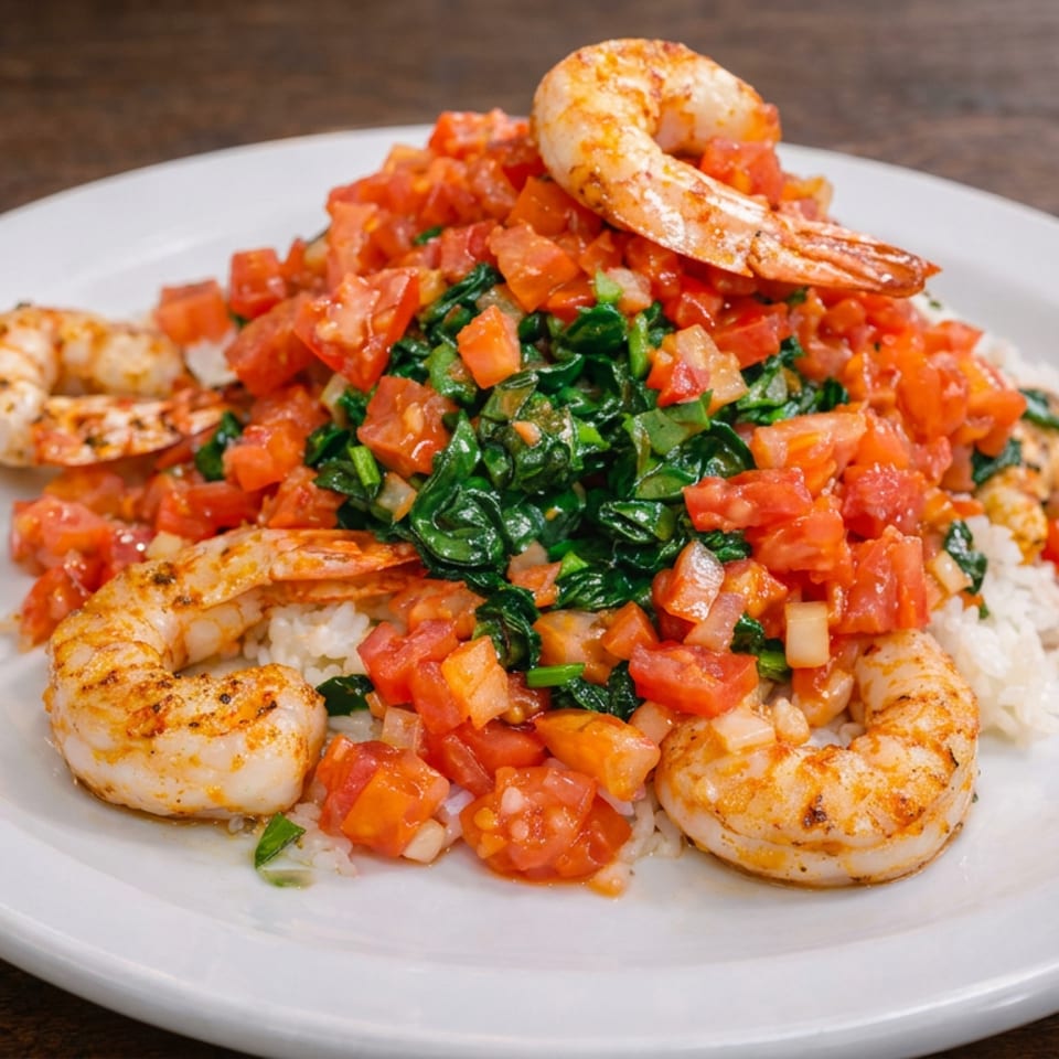 Grilled shrimp served over white rice with sautéed spinach and diced tomatoes on a white plate.