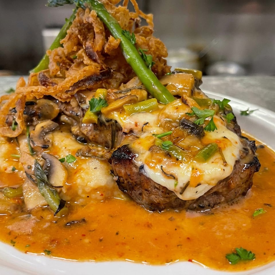 Grilled steak topped with melted cheese, mushrooms, green beans, and crispy onions in a rich orange sauce on a white plate.