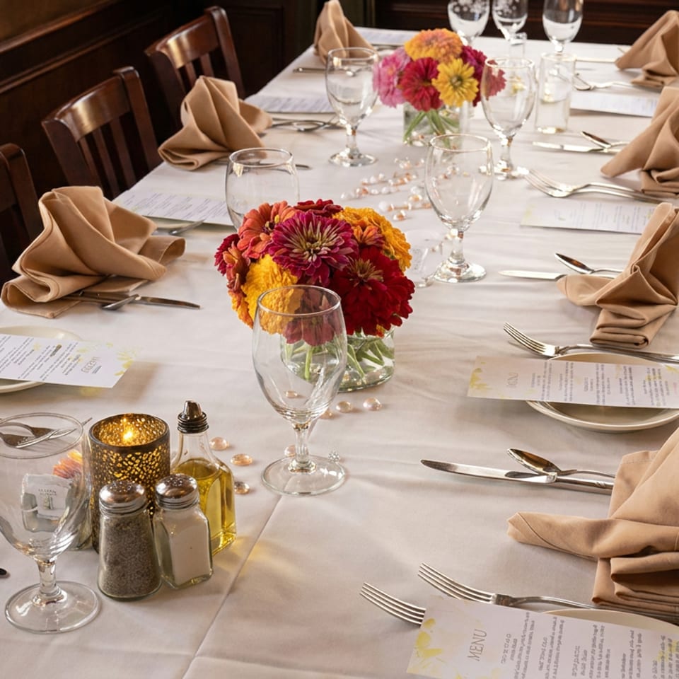 Elegantly set restaurant dining table with white linens, folded napkins, wine glasses, colorful flower centerpieces, menus, and candlelight.